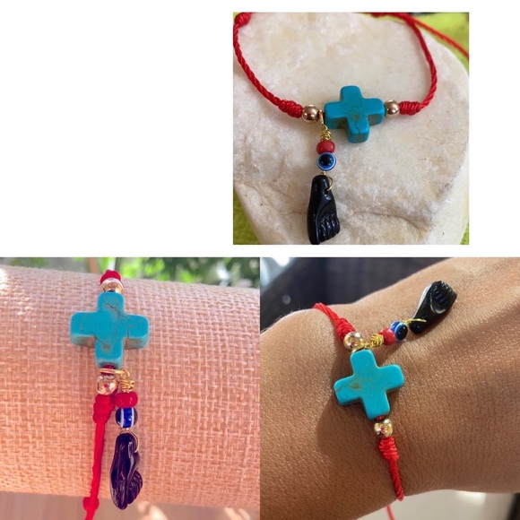 Azabache evil eye 🧿 Cross protection bracelet red string, 100% Handmade - Picture 2 of 10